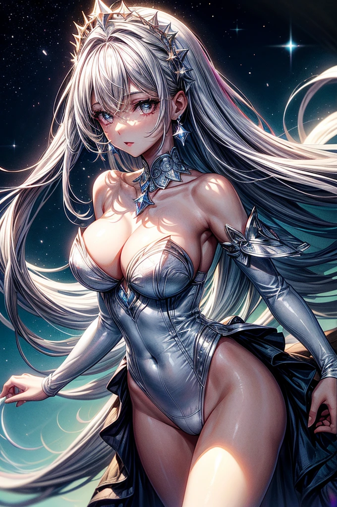 ((best quality)), ((masterpiece)), (detailed), beautiful young woman, royal and well defined facial features, alabaster white skin, oval shaped face, starry pink lips, starry pupiled eyes( 8 pointed star pupils), sleek and wavy two tone astral colored hair(moonlight blue, silver), slim thick, athletic build, D-cup breasts, slim waist, large round ass, short height(165cm), modern royal fantasy setting, elegant battle dress