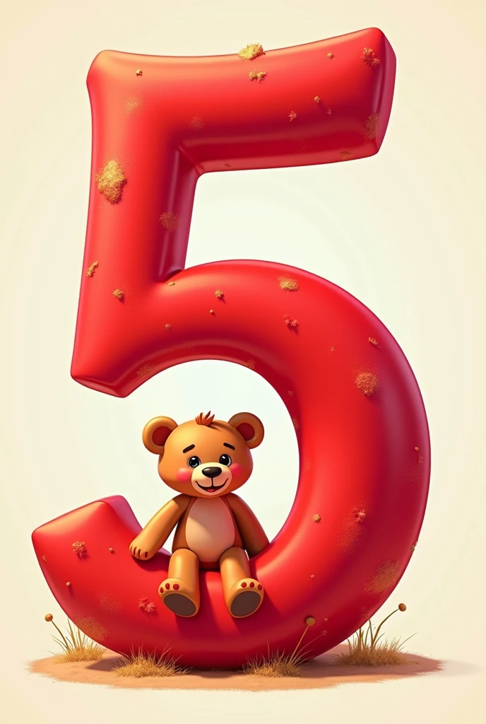 Number 5 in red with an animated teddy bear 