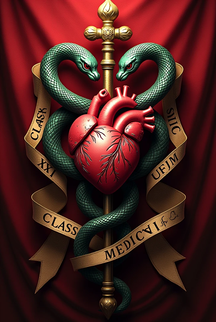 Create an image of a red and gold medicine coat of arms, that has a staff with two snakes and an image of a real heart behind it . At the top of the coat of arms, put a written tape "Class XXI" and at the bottom another ribbon with the inscription "Medicine UFVJM"