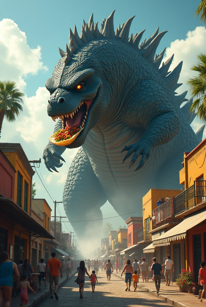 Godzilla in Mexico eats some tacos al hierba