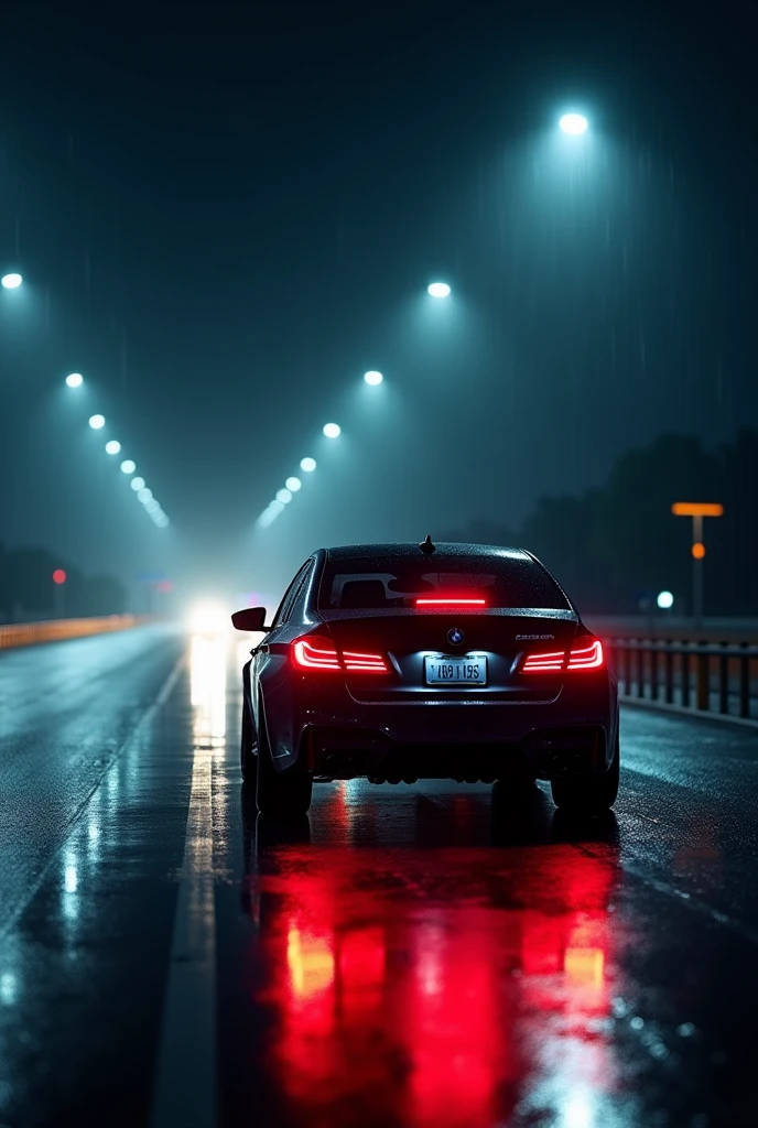 a 4k image, potraying a highway, but the middle lane is empty with a BMW M5 CS cruising. it's strict midnight, and it rained heavily, giving of beautiful reflections of the lights. the car is fully black with red tail lights fully lit. the camera angle is tilted, aimed towards the gas tank and it's night time, thus is very dark.