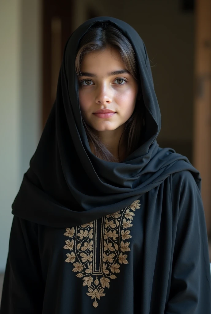 Please provide an image of a girl dressed in a traditional Pakistani outfit, featuring a black kurta pajama with a dupatta draped over her head. The image should be realistic and captured in low pixel quality, akin to that of a mobile camera.