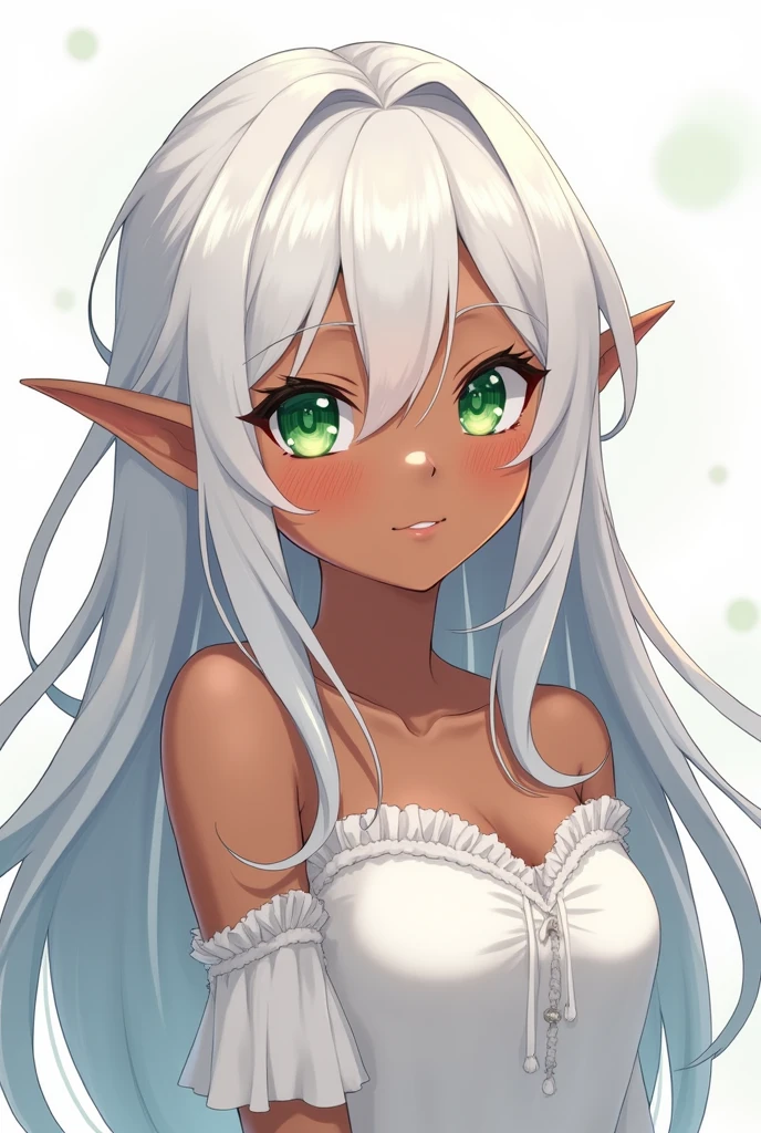Anime girl with dark skin, green eyes, white hair and elf ears wearing a white dress and loose hair, smiling tall adult