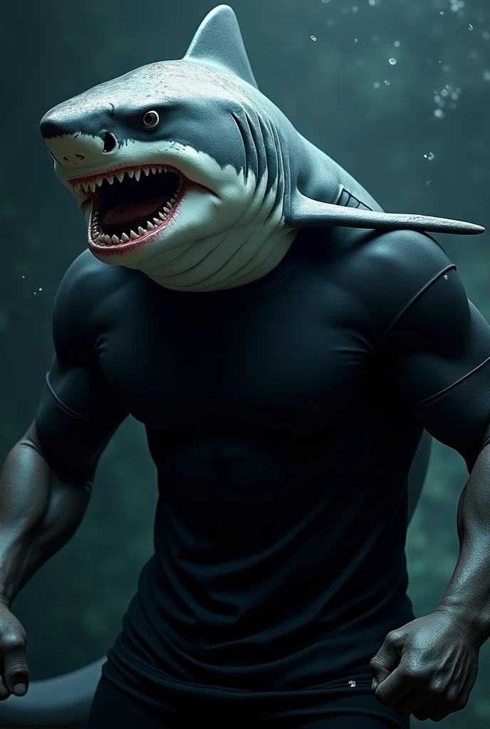 A strong shark, with sharp teeth wearing a black shirt