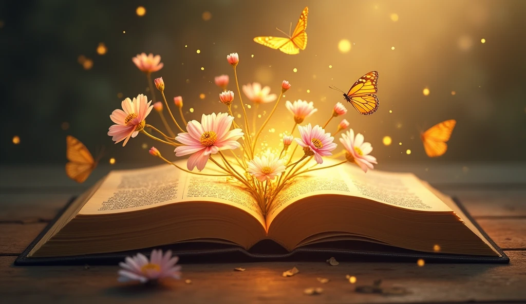 

"Create a detailed image of an open Bible lying on a surface, with golden light emanating from its pages. The light should softly illuminate the surroundings, and delicate flowers of various colors should appear to be growing out of the Bible, intertwining with the light. Ethereal butterflies should be gently flying around, adding a sense of life and movement to the scene. The background should be subtle, allowing the Bible, flowers, and butterflies to be the main focus of the image."