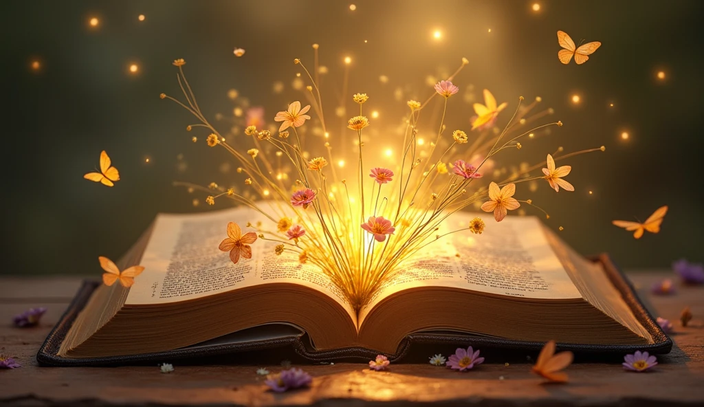 "Create a detailed image of an open Bible lying on a surface, with golden light emanating from its pages. The light should softly illuminate the surroundings, and delicate flowers of various colors should appear to be growing out of the Bible, intertwining with the light. Ethereal butterflies should be gently flying around, adding a sense of life and movement to the scene. The background should be subtle, allowing the Bible, flowers, and butterflies to be the main focus of the image."