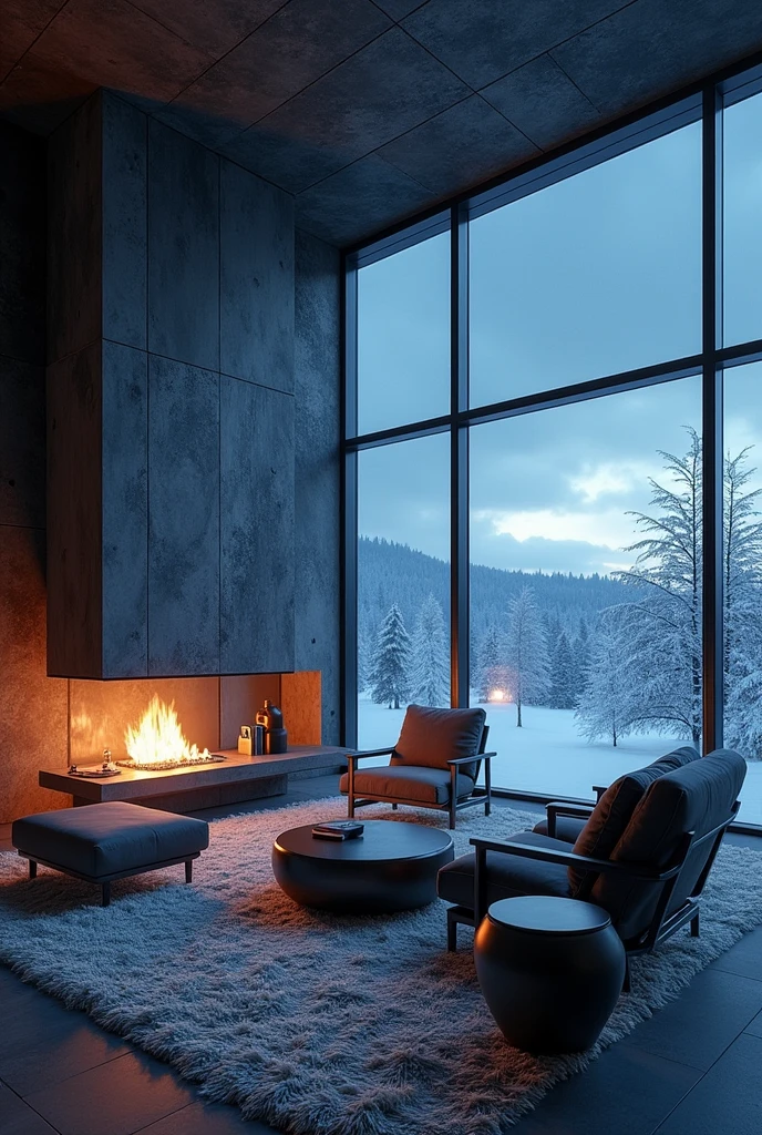 salon avec vue nocturne ou ciel nocturne, dans le style de Frostpunk, Thom Mayne, maximalisme, richement en couches, 32k euh, cabinecore, conception méticuleuse --ar 61:108