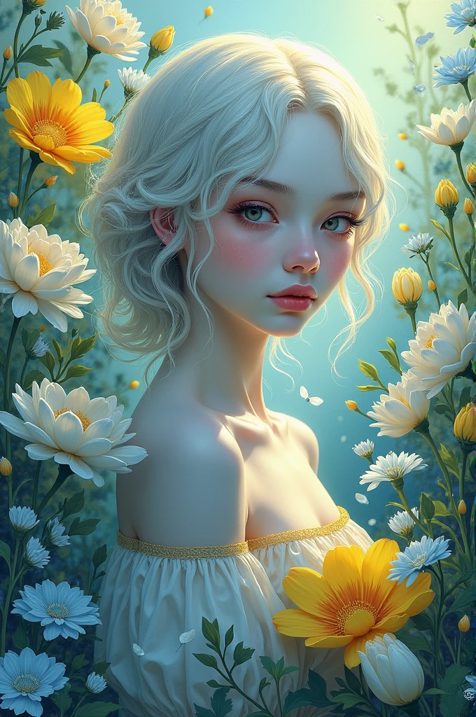 Violette evergarden sur un fond fleuris en peinture avec les couleur inversé le jaune en bleu claire le vert en verr canard et le blanc des fleur en gris 