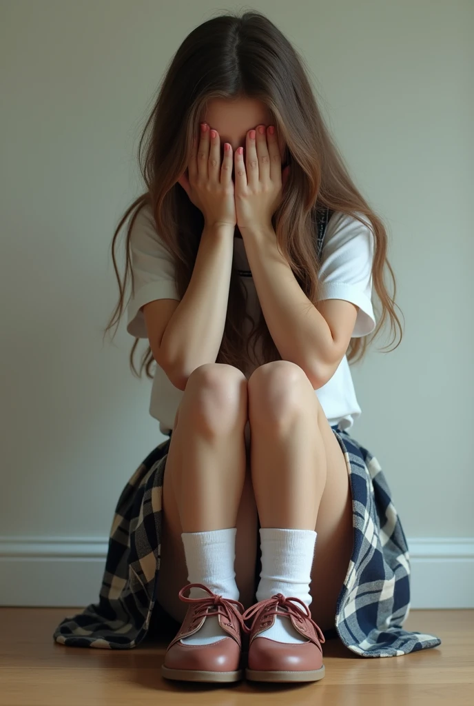 Girl, solo in an embarrassing moment, exposing her ugly feelings, wears a simple yet photo-realistic outfit consisting of a white blouse and a plaid skirt, her long hair cascading down her shoulders. She clutches her school shoes tightly, covering her red face with her hands. White stockings adorn her legs, adding to her schoolgirlish charm. The scene is captured in a stunningly realistic photograph, with natural light illuminating every detail, highlighting every wrinkle and crease on her face, making the image all the more engrossing