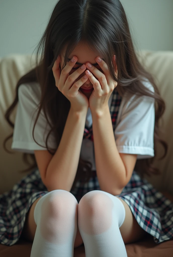Girl, solo in an embarrassing moment, exposing her ugly feelings, wears a simple yet photo-realistic outfit consisting of a white blouse and a plaid skirt, her long hair cascading down her shoulders. She clutches her school shoes tightly, covering her red face with her hands. White stockings adorn her legs, adding to her schoolgirlish charm. The scene is captured in a stunningly realistic photograph, with natural light illuminating every detail, highlighting every wrinkle and crease on her face, making the image all the more engrossing