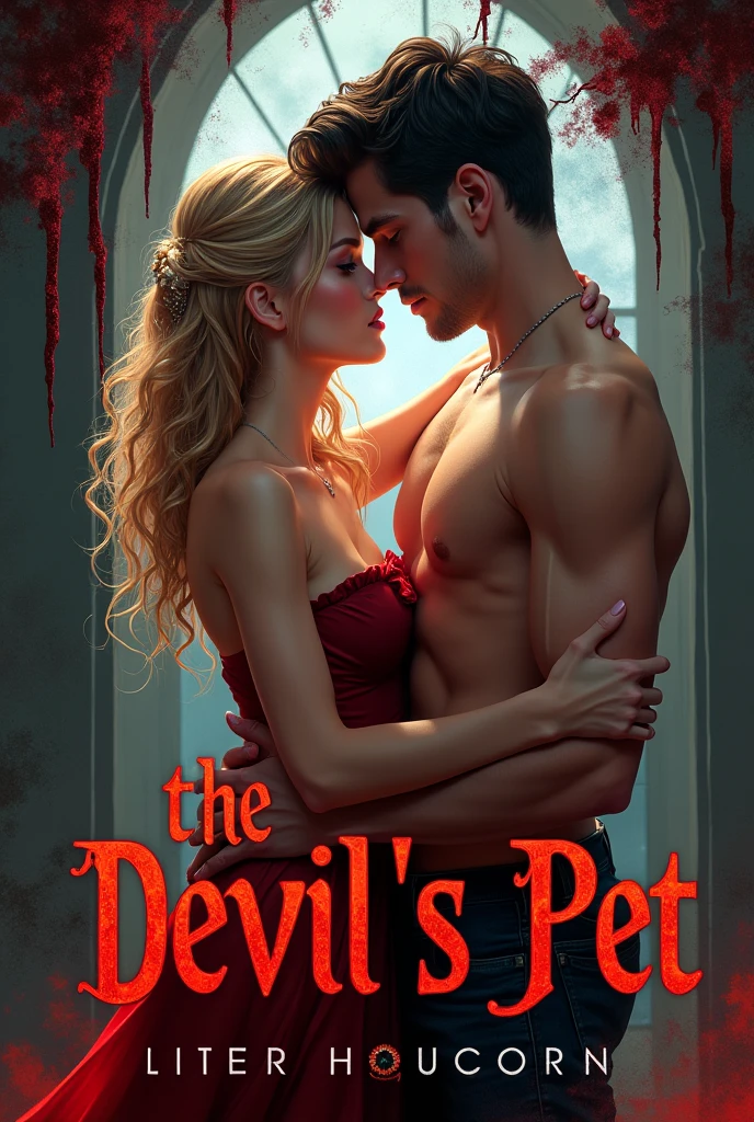 Design a book cover titled "the devil's pet" with a beautiful girl, curly blonde hair and a handsome boy with perfectly chiseled face, naked sharing an sexual scene, the background unreal