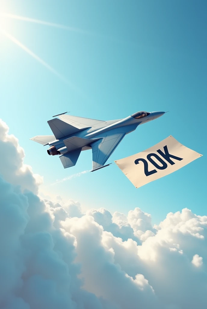 A FLYING PLANE THAT HAS A PAPER HANGING ON THE BACK THAT SAYS 20K ON THE PAPER