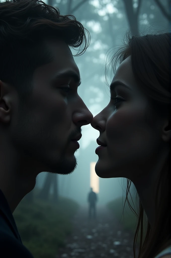 image of two mouths kissing, a man and a woman,dark path through the forest, heading towards a magic gate.black and gray gradient, hazy, realistic, 8k resolution, Unreal Engine, cinemati. close up only on the mouths