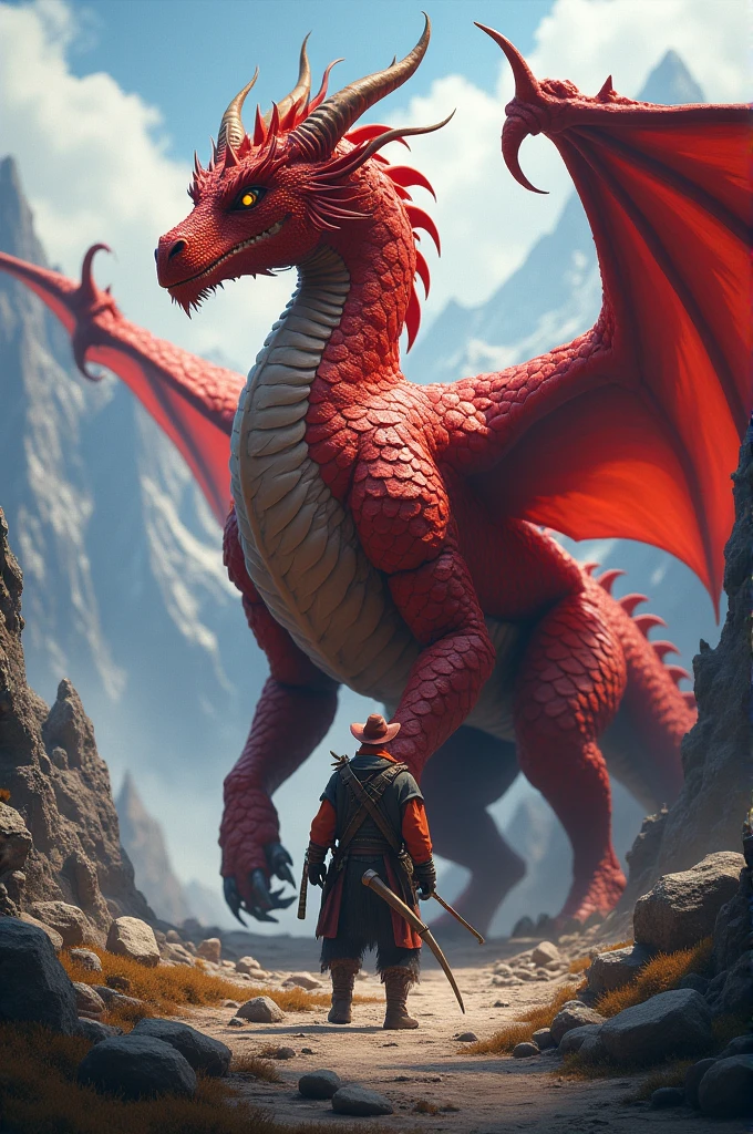 rpg character, 2 meter tall red dragon born breed, who is a blacksmith, is on the journey
