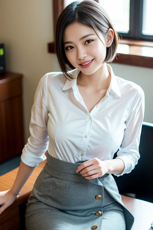 (A beautiful Japanese office lady, age 28, wearing formal White shirt with buttons & grey mini-skirt, resting in office at midnight,
thoughtful expressions, kind smile, dimpled chins, cute snaggle-tooth, short bob hair ponytail, symmetrical face, realistic detailed face, beautiful detailed eyes, perfect body proportions, ample round bosoms,
photorealistic, hyper-realism, high contrast, ultra HD, realistic skin textures, top image quality, top-quality, super high resolution, fine details, very meticulously, masterpiece, medium shot, close-up shot, waist focus, High Angle Shot, bokeh background, SFW, Safe For Work)