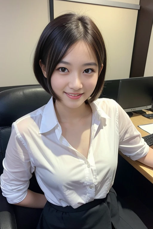 (A beautiful Japanese office lady, age 28, wearing formal White shirt with buttons & grey mini-skirt, resting in office at midnight,

 thoughtful expressions, kind smile, dimpled chins, cute snaggle-tooth, short bob hair ponytail, symmetrical face, realistic detailed face, beautiful detailed eyes, perfect body proportions, ample round bosoms, 

photorealistic, hyper-realism, high contrast, ultra HD, realistic skin textures, top image quality, top-quality, super high resolution, fine details, very meticulously, masterpiece, medium shot, close-up shot, waist focus, High Angle Shot, bokeh background, SFW, Safe For Work)