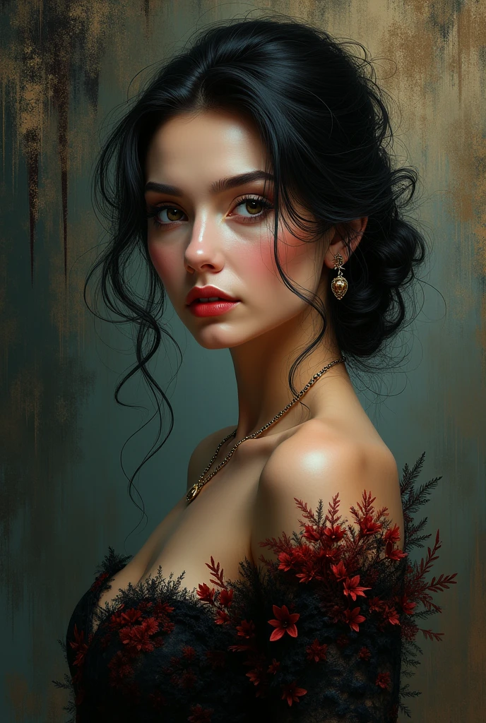 Create an Illustration depicting a woman, 30 years old, sophisticated, Vibrant, na cor "Deep Well means strength and security", random pose, the scene must simultaneously present an atmosphere of darkness and horror, very detailed portrait mixing the fantastic muscular realism of Boris Vallejo, the dark mystery of Luis Royo, Van Gogh's wavy lines, a tinta de Carne Griffiths, Wadim Kashin, red dress digital painting, Epic setting, Masterpiece artwork, Intricate Art, details in