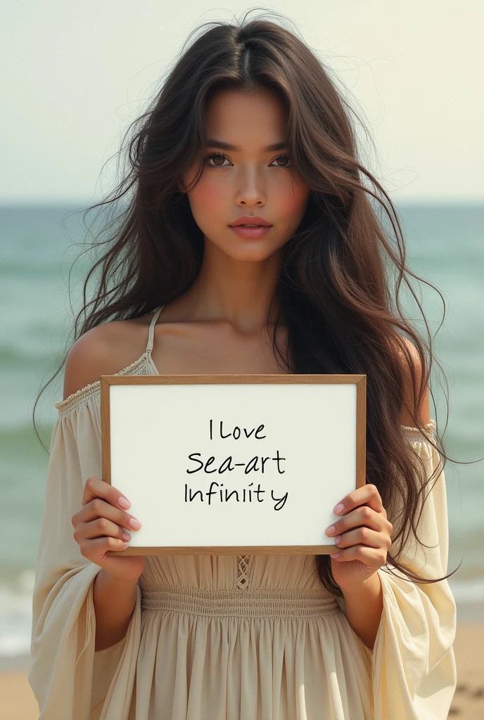 Beautiful girl with wavy long hair, bohemian dress, holding a white board with text "I Love Seaart Infinity" and showing it to the viewer