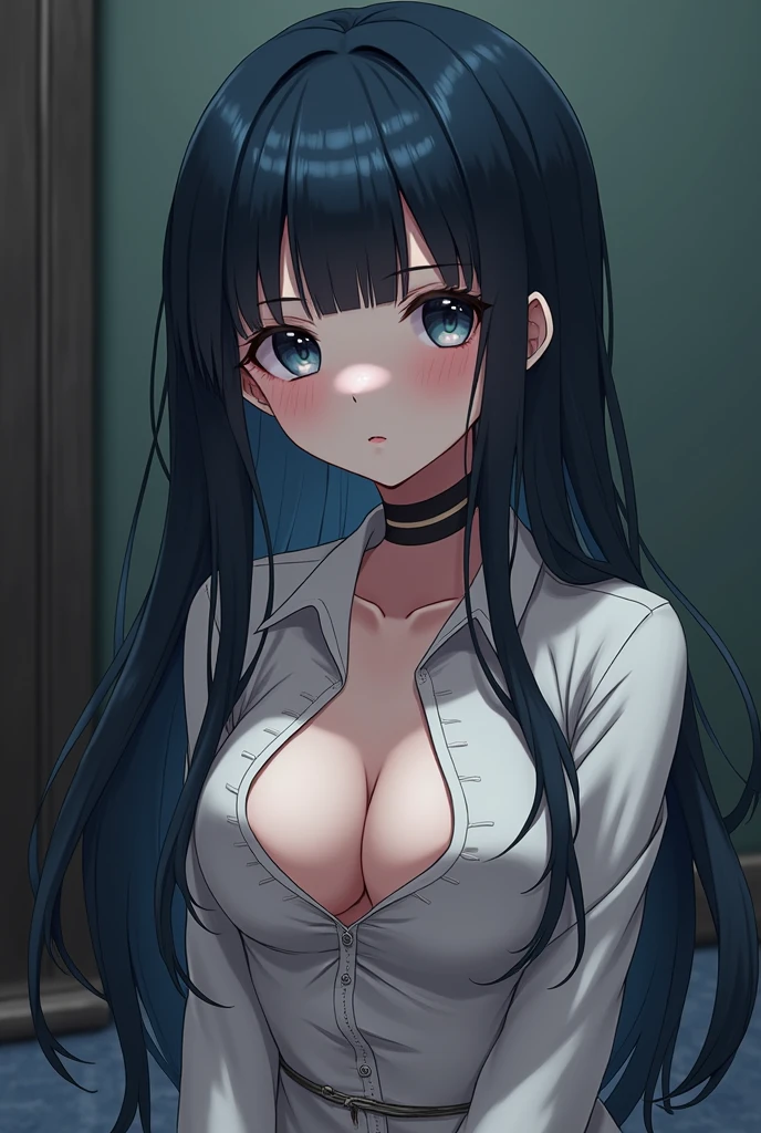 anime Baby Face limbs to be tied up The buttons on her shirt are undone and her boobs are exposed Pussy Long, almost blue, black hair that looks motionless like a Kokeshi doll Bangs are aligned in a straight line Gothic ta A mature-looking person
