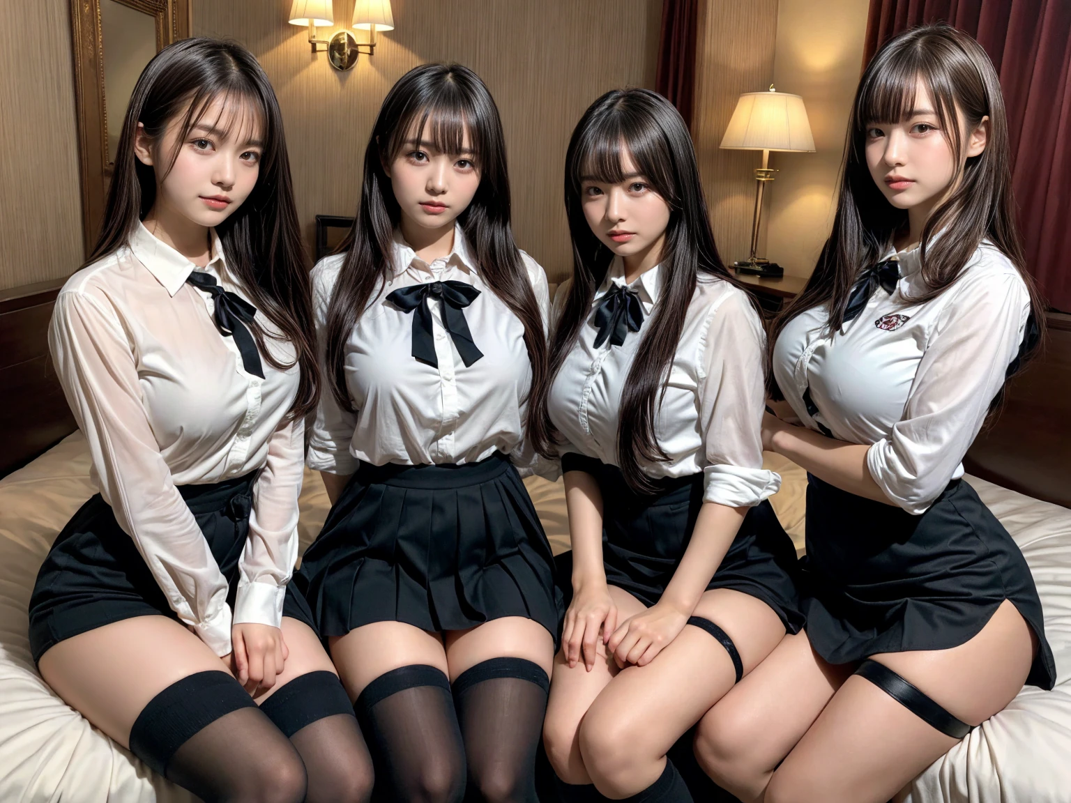 masterpiece, best quality, illustration, Super detailed, fine details, High resolution, 8K,wall paper, perfect dynamic composition,(Details High quality, realistic depiction of eyes:1.3), (3 girls), (collared shirt:1.1), pleated skirt, knee high socks, sitting, open legs, short bob hair, in a hotel room in the background, deep on field, large breasts, black hair color, Big Natural Color Lip, (perfect body shape), crying a little、Harajuku style、20 year old girl、cute type、beautiful legs, Gravure Idol