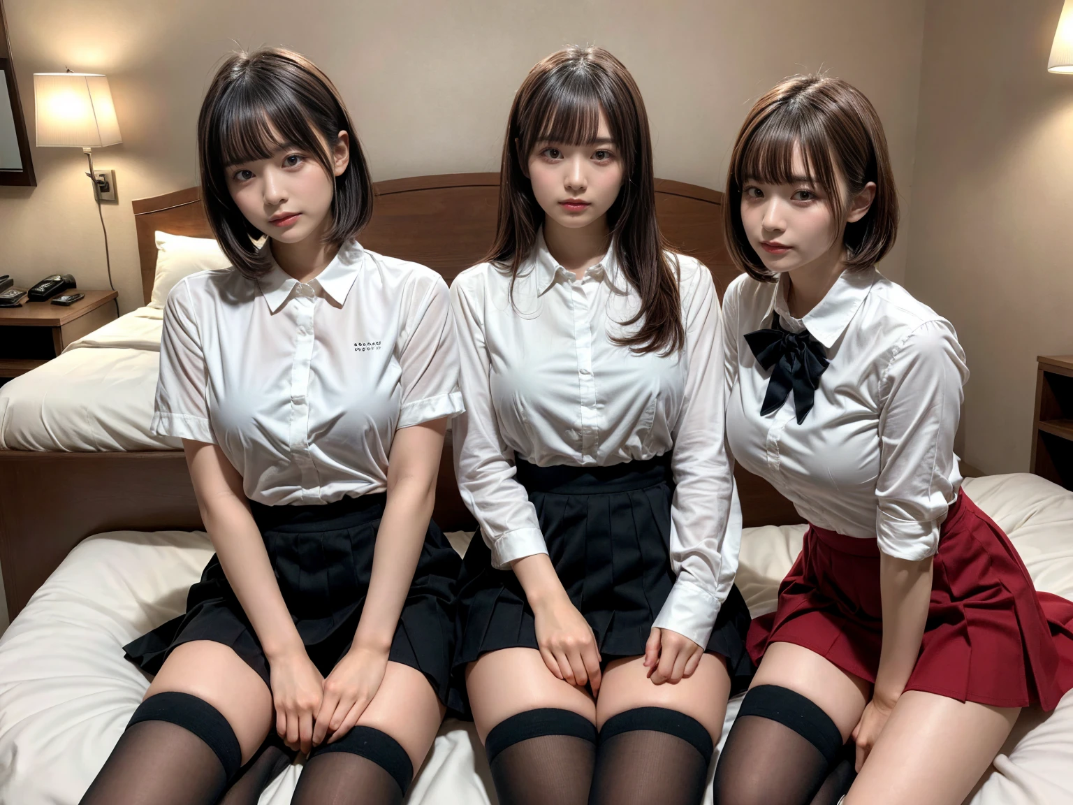 masterpiece, best quality, illustration, Super detailed, fine details, High resolution, 8K,wall paper, perfect dynamic composition,(Details High quality, realistic depiction of eyes:1.3), (3 girls), (collared shirt:1.1), pleated skirt, knee high socks, sitting, open legs, short bob hair, in a hotel room in the background, deep on field, large breasts, black hair color, Big Natural Color Lip, (perfect body shape), crying a little、Harajuku style、20 year old girl、cute type、beautiful legs, Gravure Idol