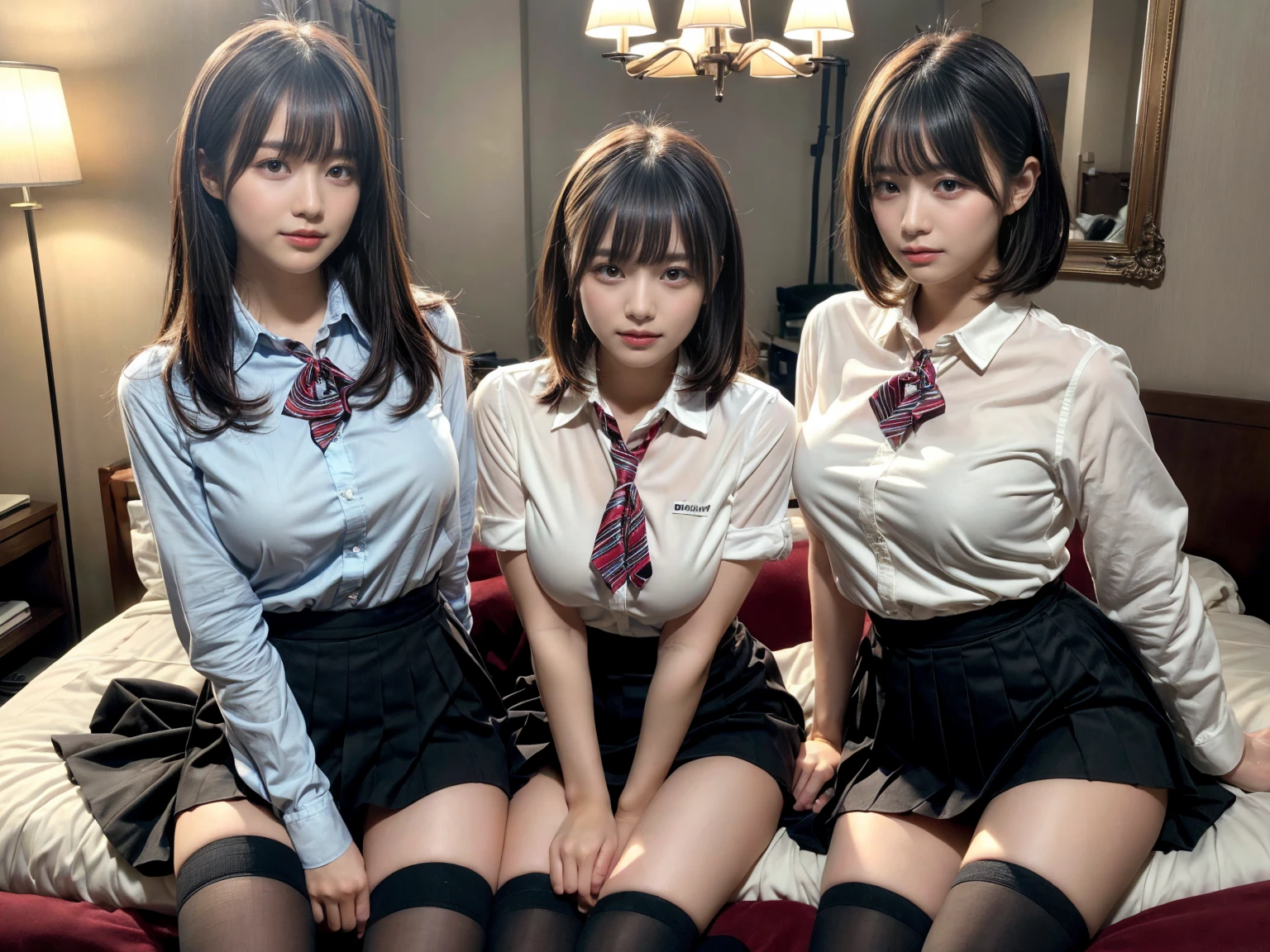masterpiece, best quality, illustration, Super detailed, fine details, High resolution, 8K,wall paper, perfect dynamic composition,(Details High quality, realistic depiction of eyes:1.3), (3 girls), (collared shirt:1.1), pleated skirt, knee high socks, sitting, open legs, short bob hair, in a hotel room in the background, deep on field, large breasts, black hair color, Big Natural Color Lip, (perfect body shape), crying a little、Harajuku style、20 year old girl、cute type、beautiful legs, Gravure Idol