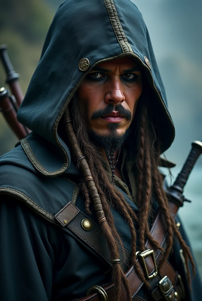 Jack Sparrow in his original hooded costume as a member of the Assassins Creed assassins with a retractable blade on a bracelet on his left forearm
