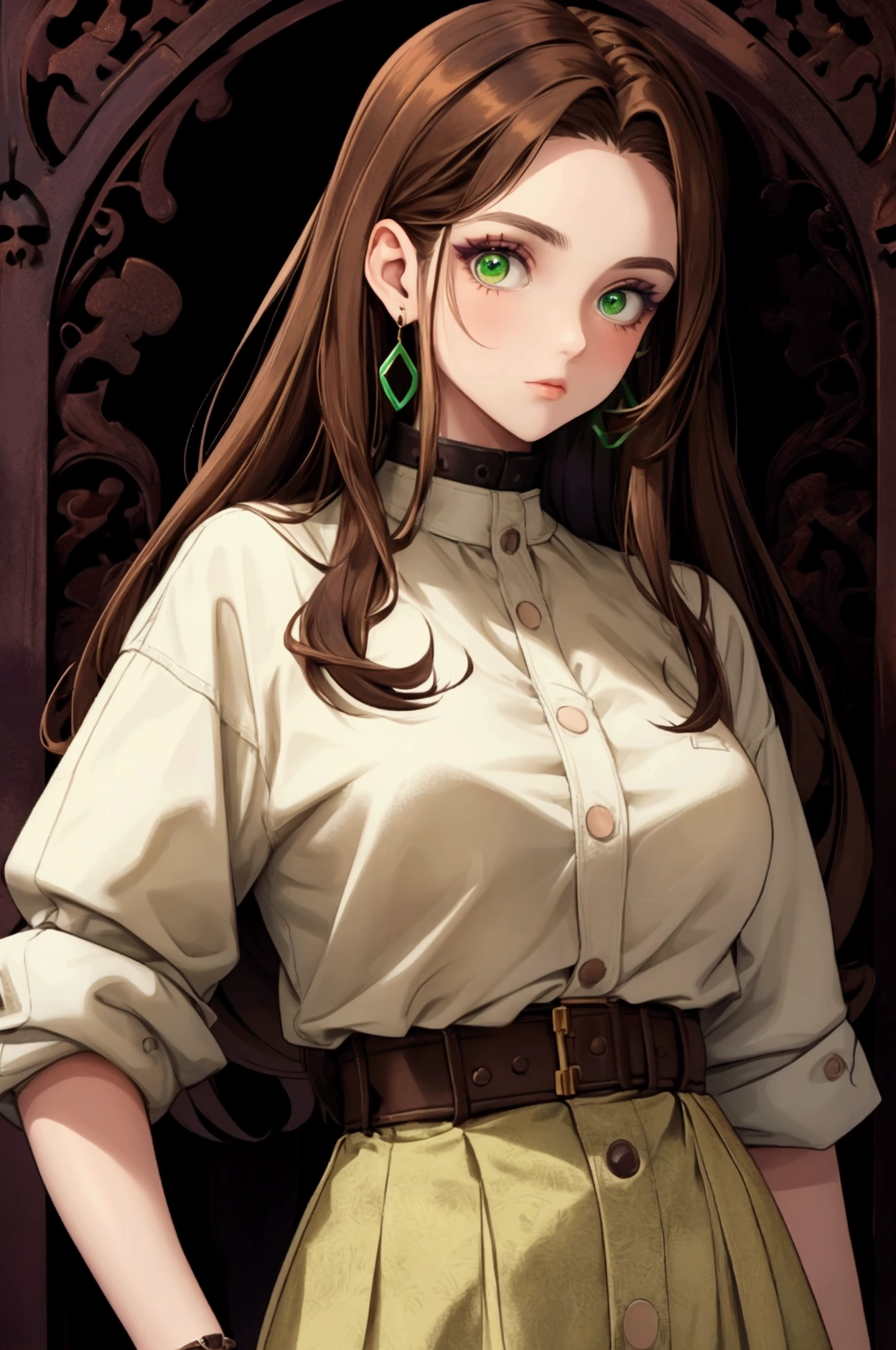 A girl with brown hair, green eyes, big breata, in regular clothes with a white, brown, and purple color palette. She has lots of jewelry and is very kind. She has dark makeup