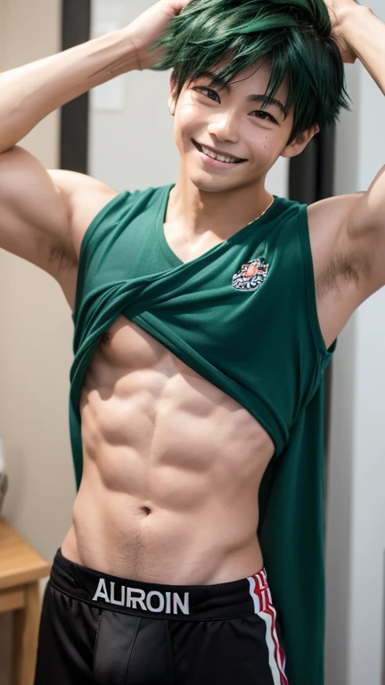 Japanese men、、Well-developed muscles and smooth skin、Fluffy green hair、Boxer briefs、You can see the whole body from head to toe、Smiling softly、Hero Academy