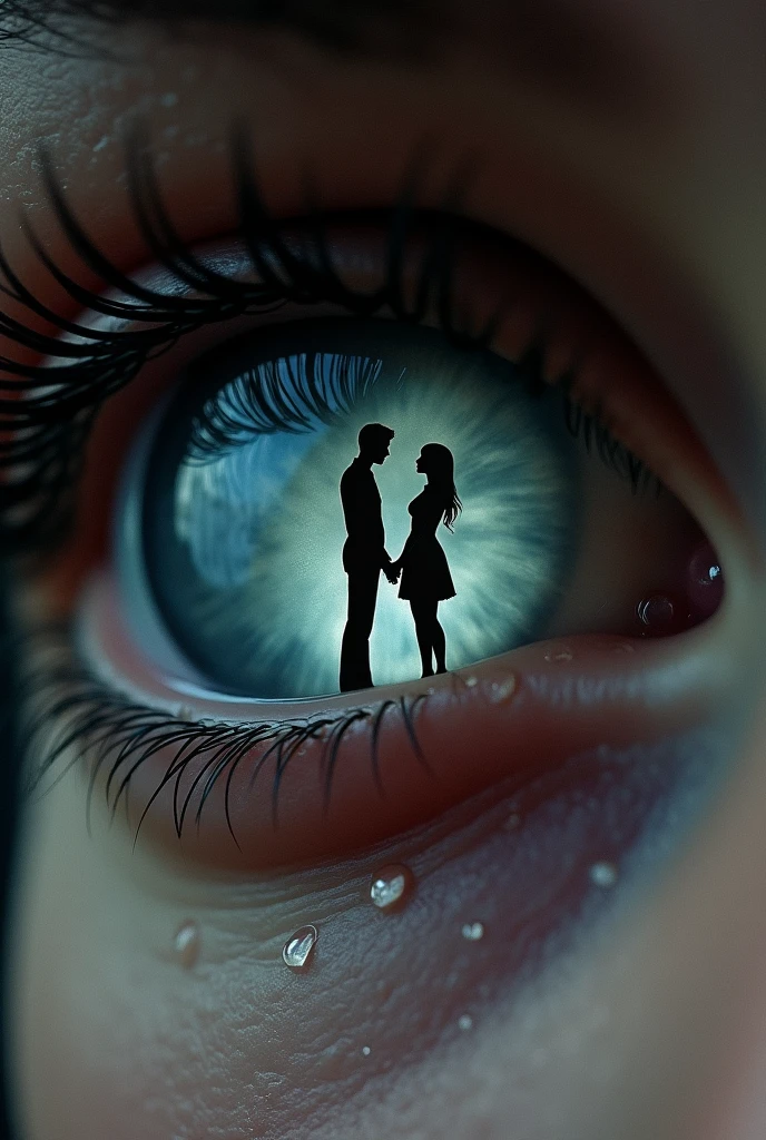 Close up of a human eye with tears and a silloute of a male and a female holding hands in the middle of the iris of the human eye