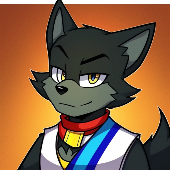 A black furry wolf with green ears and white hair between his ears. His eyebrows are circles and lines under his eyes. He wears white leather clothes and carries the Egyptian flag written in gold around his neck. AhmedMoA4A