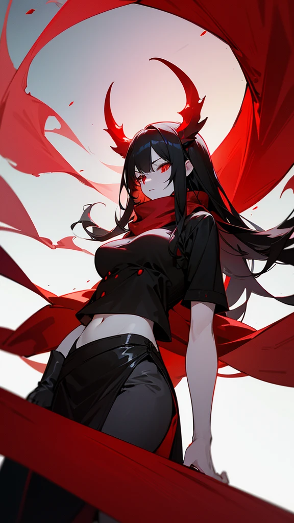 from below, devil, women, long black hair, crimson red eyes, cuernos de devil, extremely white skin, White skin, cola de devil, black tail, big breasts, Red scarf, black sweater, Detailed illustration, 4k, High quality