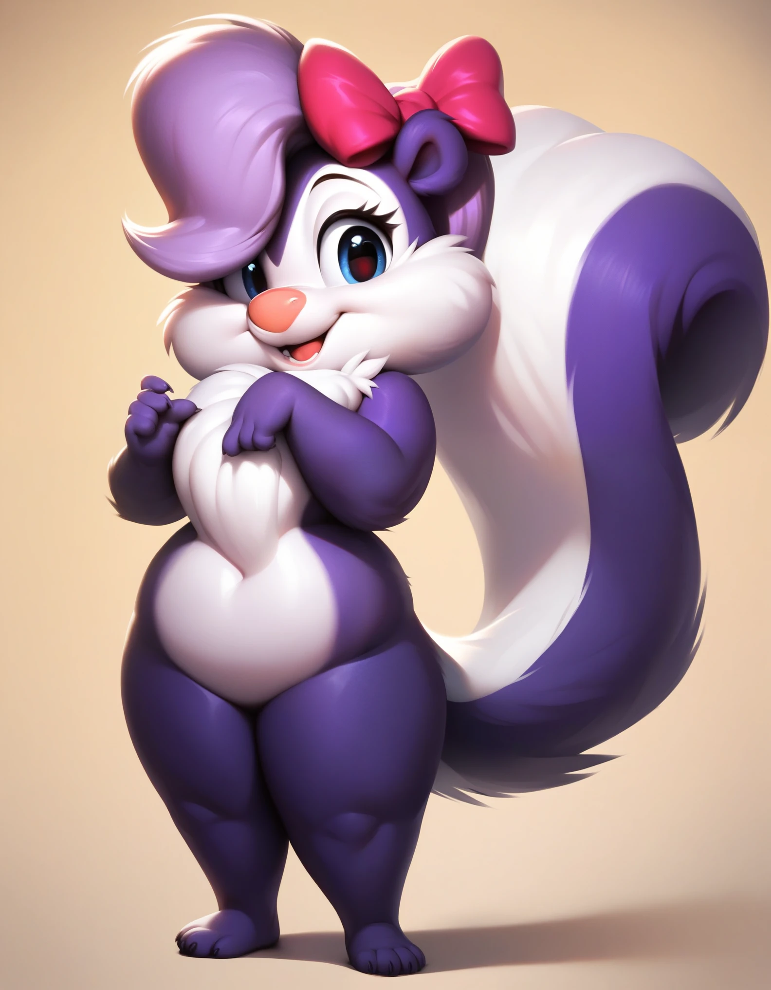 score_9, score_8_up, score_7_up, score_6_up, source_furry, score_safe, fifi, skunk, solo, 1girl, female, sfw, furry, purple body, hair bow, tail, cute, short, beautiful eyes, cartoony, flat color, simple shading, full-length portrait, studio ghibli background, blurred backgroun,