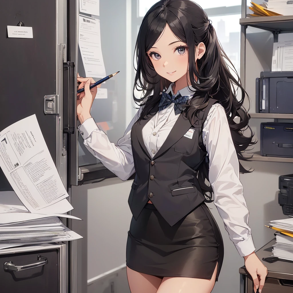 1 girl, Solo, 25 years old, Best Quality, Ultra-detailed, 8K, High resolution, Detailed face, from below, black hair, (((half up))), light smile, happy, (((office leady, office uniform, vest, bowtie, pencil skirt, ID card))), in the office, holding a bundle of papers,