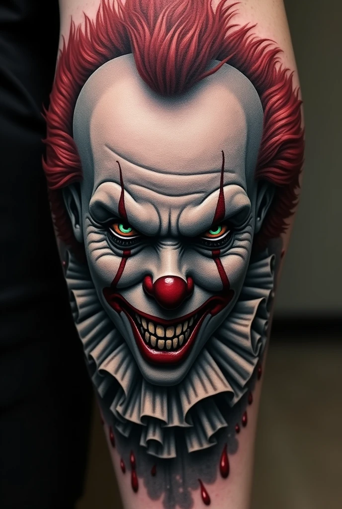 Tattoo of an evil clown with a happy face mask and a sad face mask

