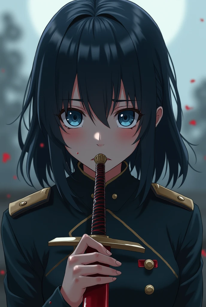 military girl, black hair and blue eyes, anime style, with blood, a sword and crying