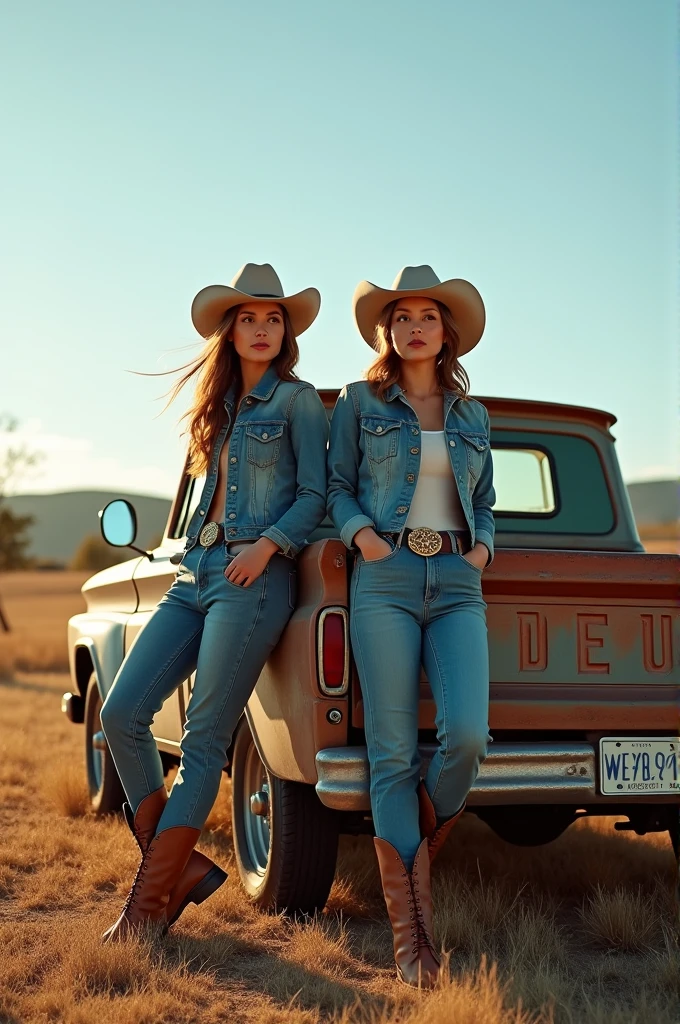 A country music duo showing off and in a pickup truck
