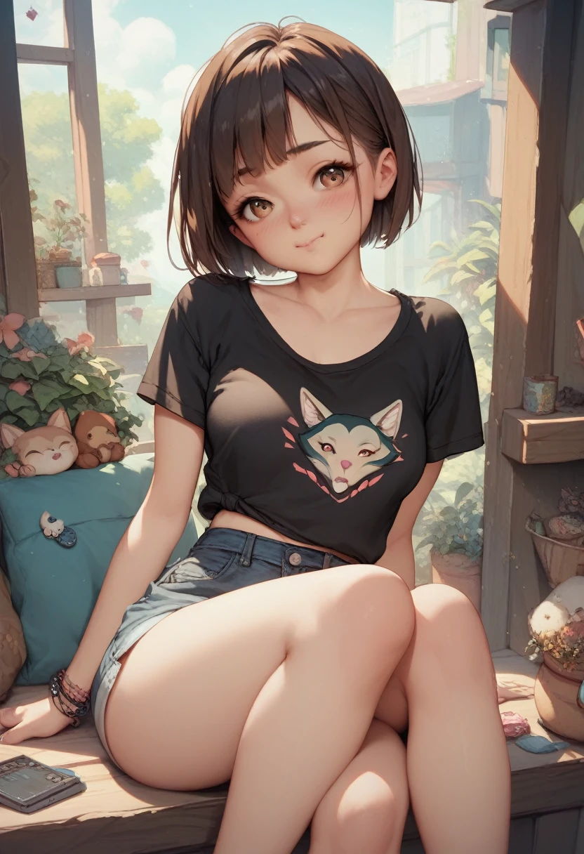 Girl, pale, young, medium breasts, black sleeveless t-shirt, black bra, mini short negro, good waist, small thighs, thing legs, wolf cut, dark brown hair, Brown eyes, blushing cheeks 