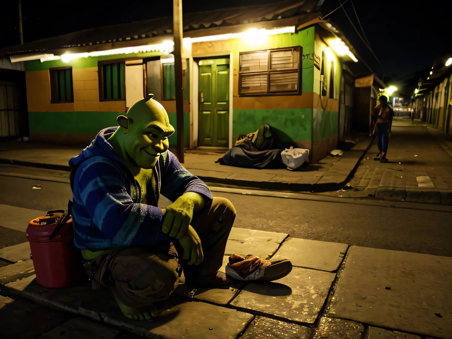 shrek homeless in brazilian night favela