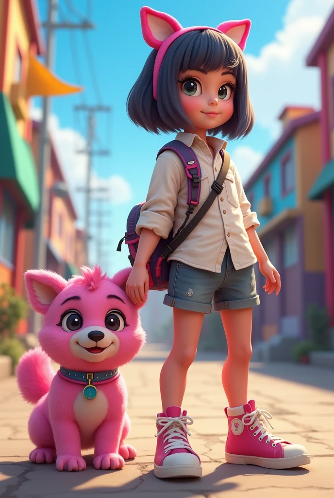 Free fire game character with pink dog with teddy bear headband and school clothes Free fire game character with pink dog with teddy bear headband and school clothes