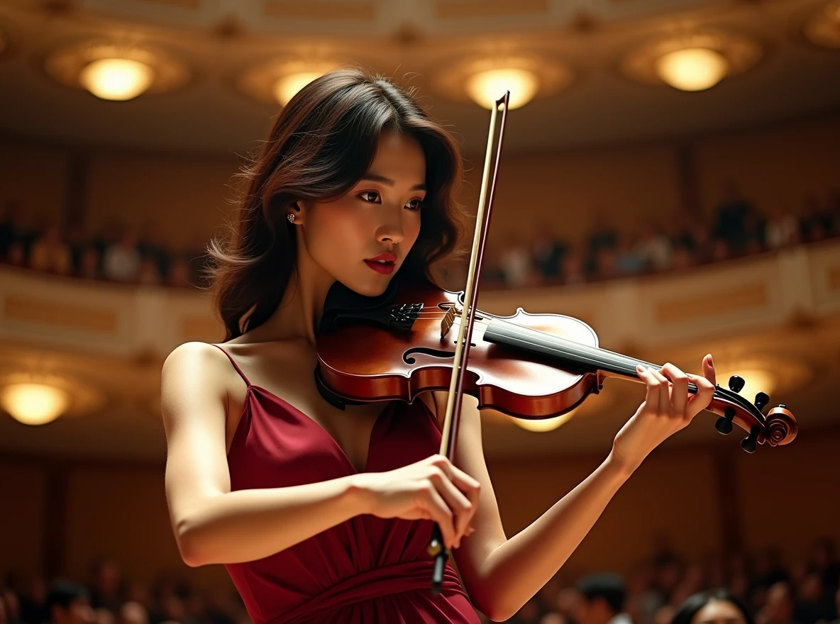 (masterpiece, high resolution, high detail, best quality), ultra detailed, 16k, photograph, cinematic lighting, the most beautiful face in the world, perfect face, highly detailed beautiful face and eyes, delicate facial features, shiny skin, highly detailed background, elaborately designed clothes, BREAK, (gorgeous and stunning Japanese woman playing the violin at a concert venue:1.2), Stradivarius, (Crimson sleeveless dress:1.1), curvy, (Wavy Hair), the incarnation of beauty, goddess of beauty, perfect make-up, light smile, deeply in love, full of elegance.