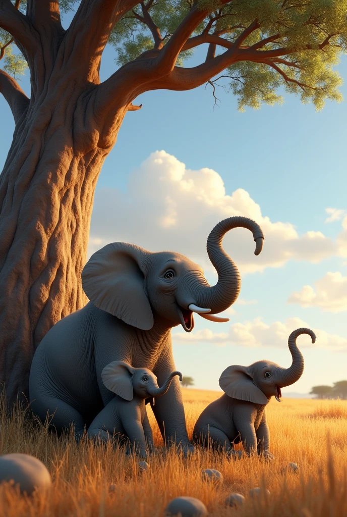 Create the realistic image with three elephants. a large adult and two small baby elephants. they are sitting under a giant baobab tree. The adult elephant is looking at his two children with a warm smile as he explains the adventure that lies ahead. a small elephant is listening attentively, while the other little elephant looks at the horizon with excitement. the image must have 3 elephants .