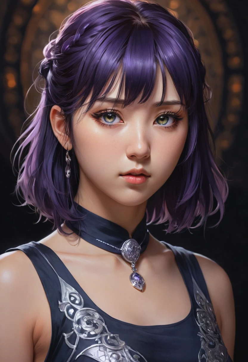 A woman (hyuuga hinata) with Roxo hair and Luminous eyes(Empty eyes)  looks at the camera, 
ruanyi0801,revealing clothes,jewelry,chainmail,sleeveless,tight skirt
Beautiful picture of the character, character portrait, character portrait, 🤤 hinata huyga character art, epic portrait illustration, Details character portrait, neo-artcore and high quality portrait, fantasy concept art portrait, detailed matte fantasy portrait, charlie bowater art style, Detailed beautiful portrait, fantasy art portrait
oil and watercolor painting, dark, chiaroscuro, MythAn1m3