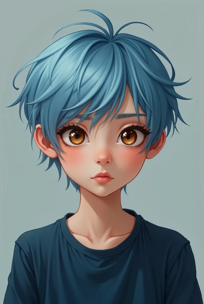 14 year old ager with light blue hair and brown eyes wearing dark blue shirt