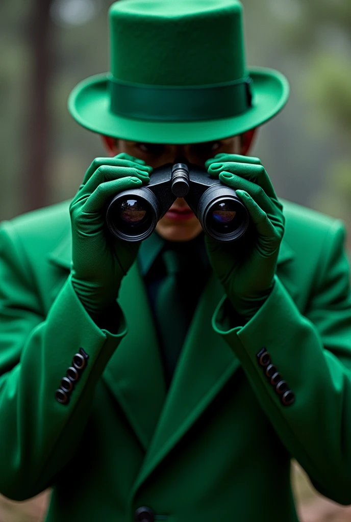 Homem misterioso, with a green outfit, with a top hat on his head and using binoculars