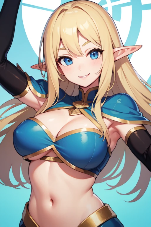 ((Highest quality, High resolution, detailed)), Faint lighting, elf girl, big boobs, blonde long hair, blue eyes, smiling, sexy pose