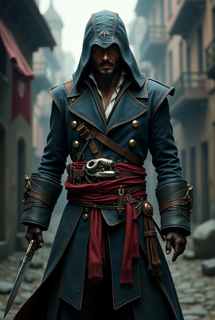 Jack Sparrow in his original hooded costume as a member of the Assassins Creed assassins with a retractable blade on his left forearm