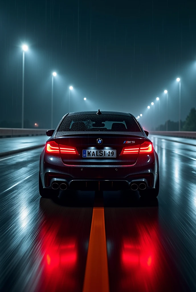 a 4k image, potraying a highway, but the middle lane is empty with a BMW M5 CS cruising. it's strict midnight, and it rained heavily, giving of beautiful reflections of the lights. the car is fully black with red tail lights fully lit. the camera angle is tilted, aimed towards the gas tank and it's night time, thus is very dark. add some motion blur to the picture and increase it's quality, the number should say "CHASE". make the car look much nicer and bolder. the lights much brighter too.
