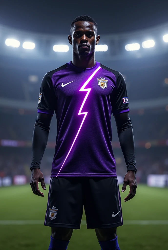 Football kit with purple and black merging lightning bolt