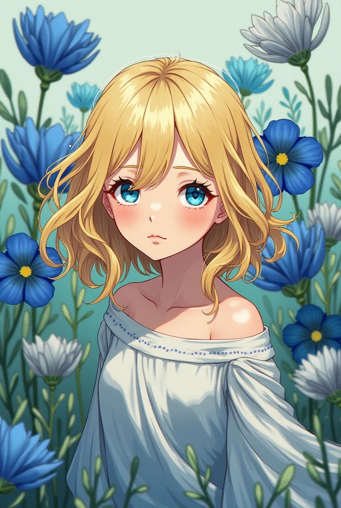 Manga Violette evergarden blonde sur un fond fleuris en peinture avec les couleur inversé le jaune en bleu claire le vert en verr canard et le blanc des fleur en gris